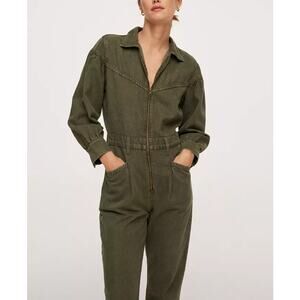 MANGO Long Sleeve Denim Jumpsuit Women Small Army Green Utility Coveralls NEW